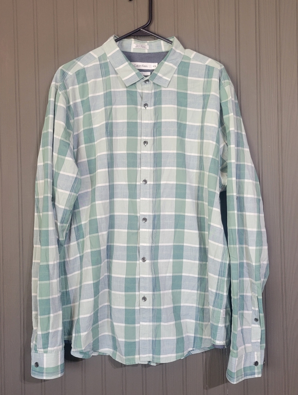 Calvin Klein Long Sleeve Button Down Shirt Body Fit Cotton Plaid Green Men's XL